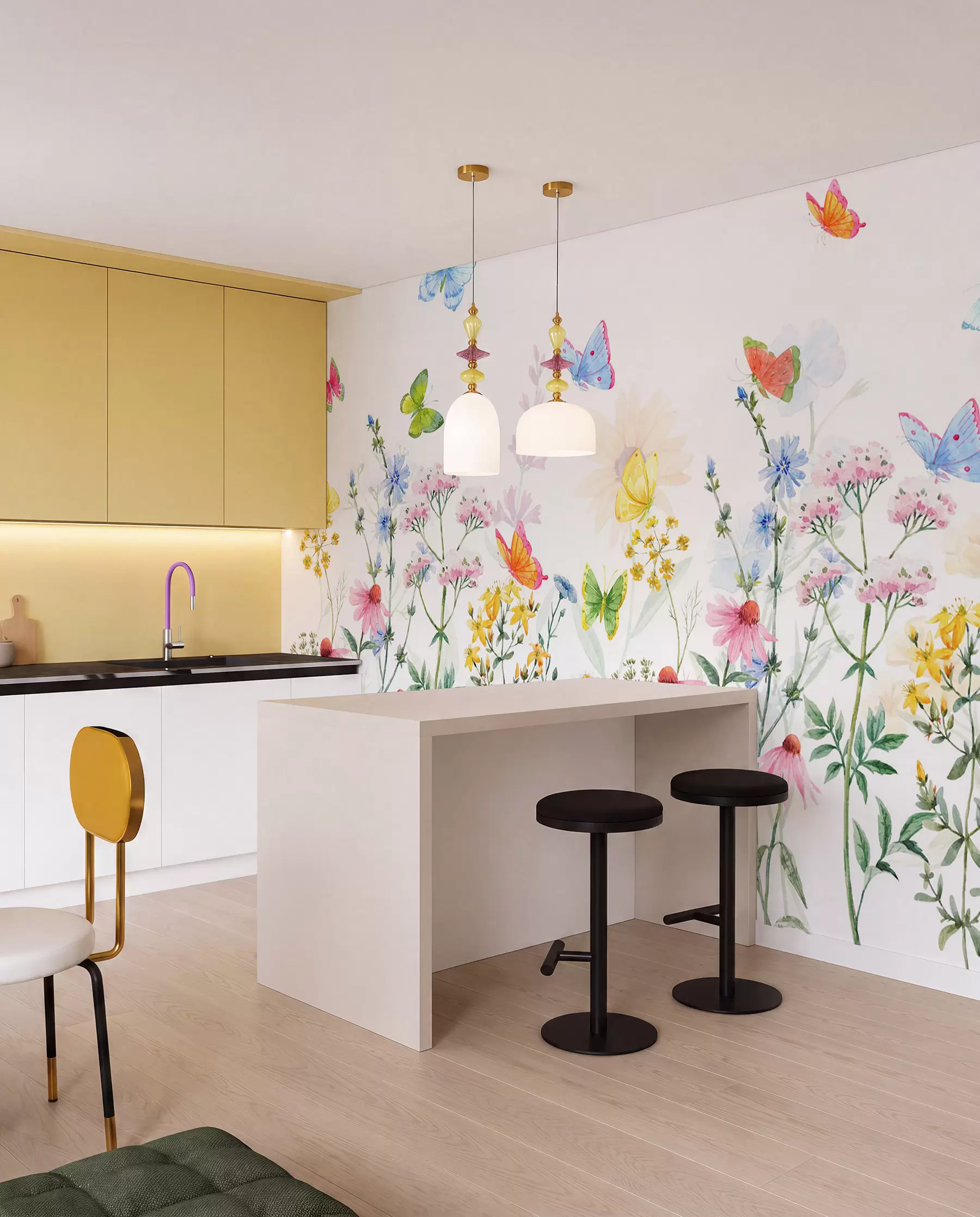 Fotobehang Kleurrijke bloemen en planten en vlinders w02238