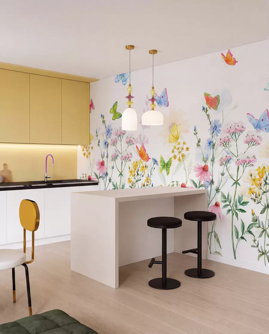 Fotobehang Kleurrijke bloemen en planten en vlinders w02238