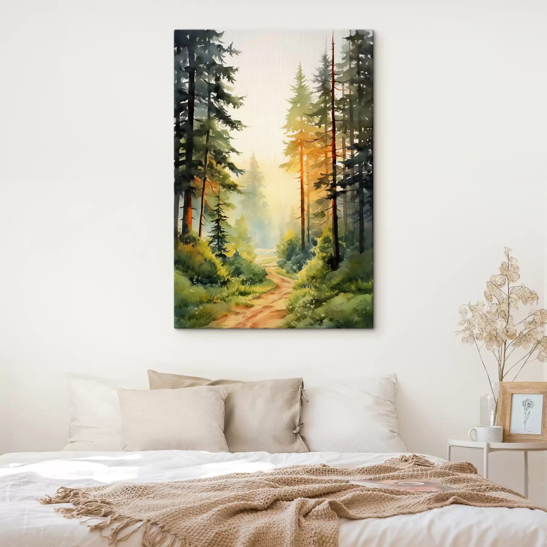 Fotobehang Prachtig aquarelbos met pijnbomen en zacht zonlicht  s41637
