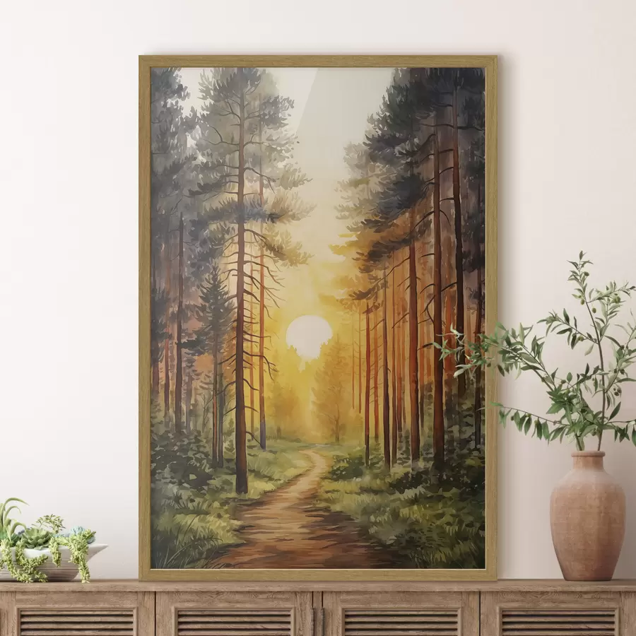 Fotobehang Zonsondergang in het dennenbos, aquarel, natuurschoon f41638