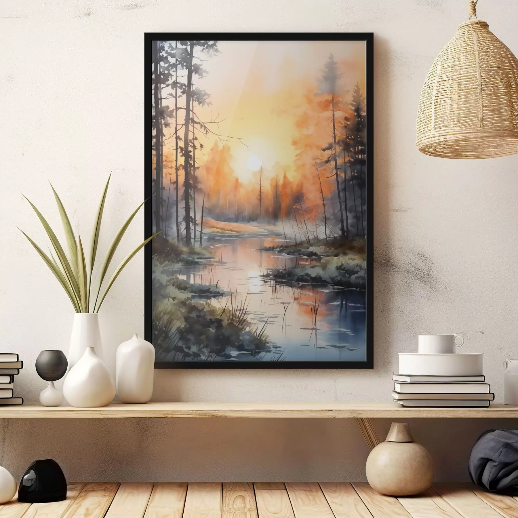 Fotobehang Meer in het bos, aquarel, herfstkleuren, mist, zonsondergang lucht f41642