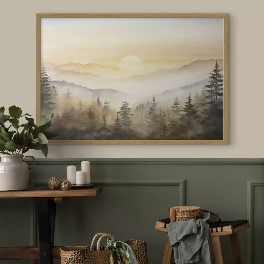 Fotobehang Zon boven beboste bergkammen f41645