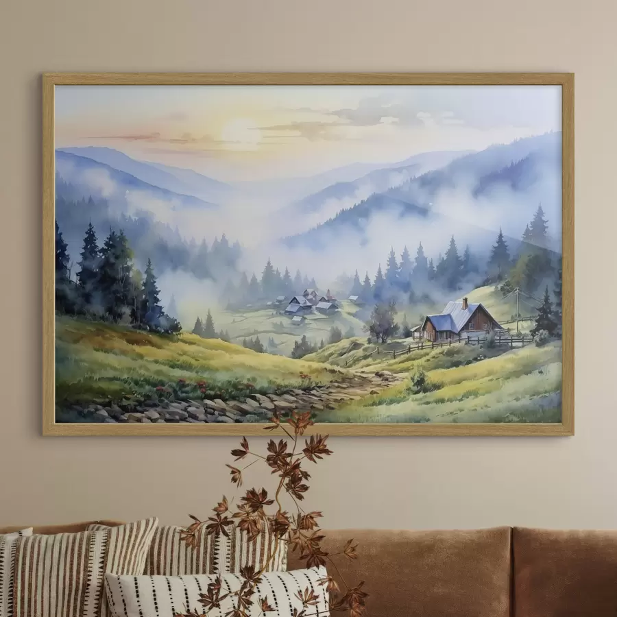 Fotobehang Karpaten dorp in de mistige bergen, bos, aquarel f41648