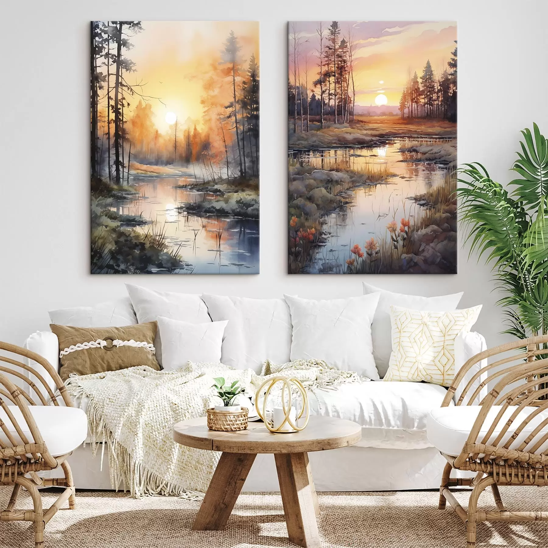  Schilderijen Mooie rivier in het herfstbos, aquarel, mistig, zonsondergang lucht m00383