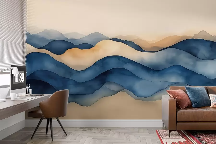 Fotobehang Abstracte blauw-beige golven die doen denken aan bergen w02196