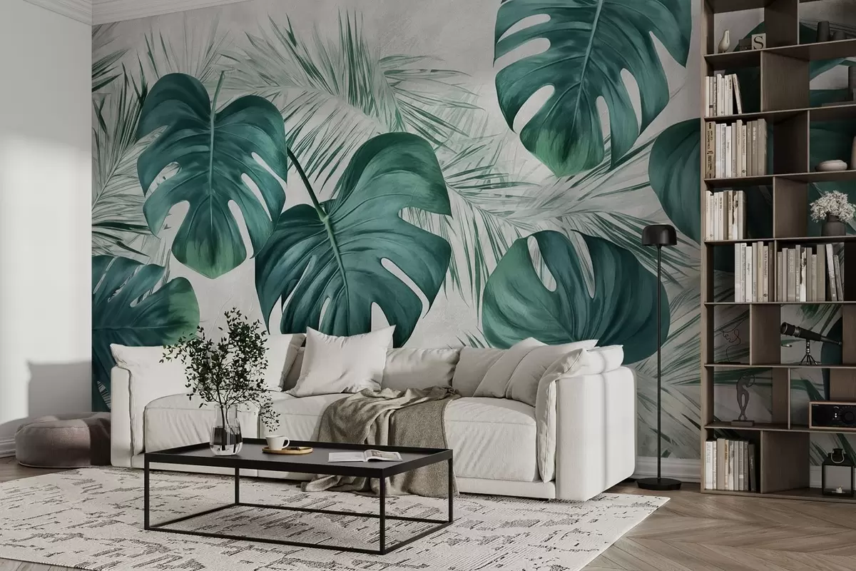 Fotobehang Grote monstera bladeren en tropische bladeren w01891
