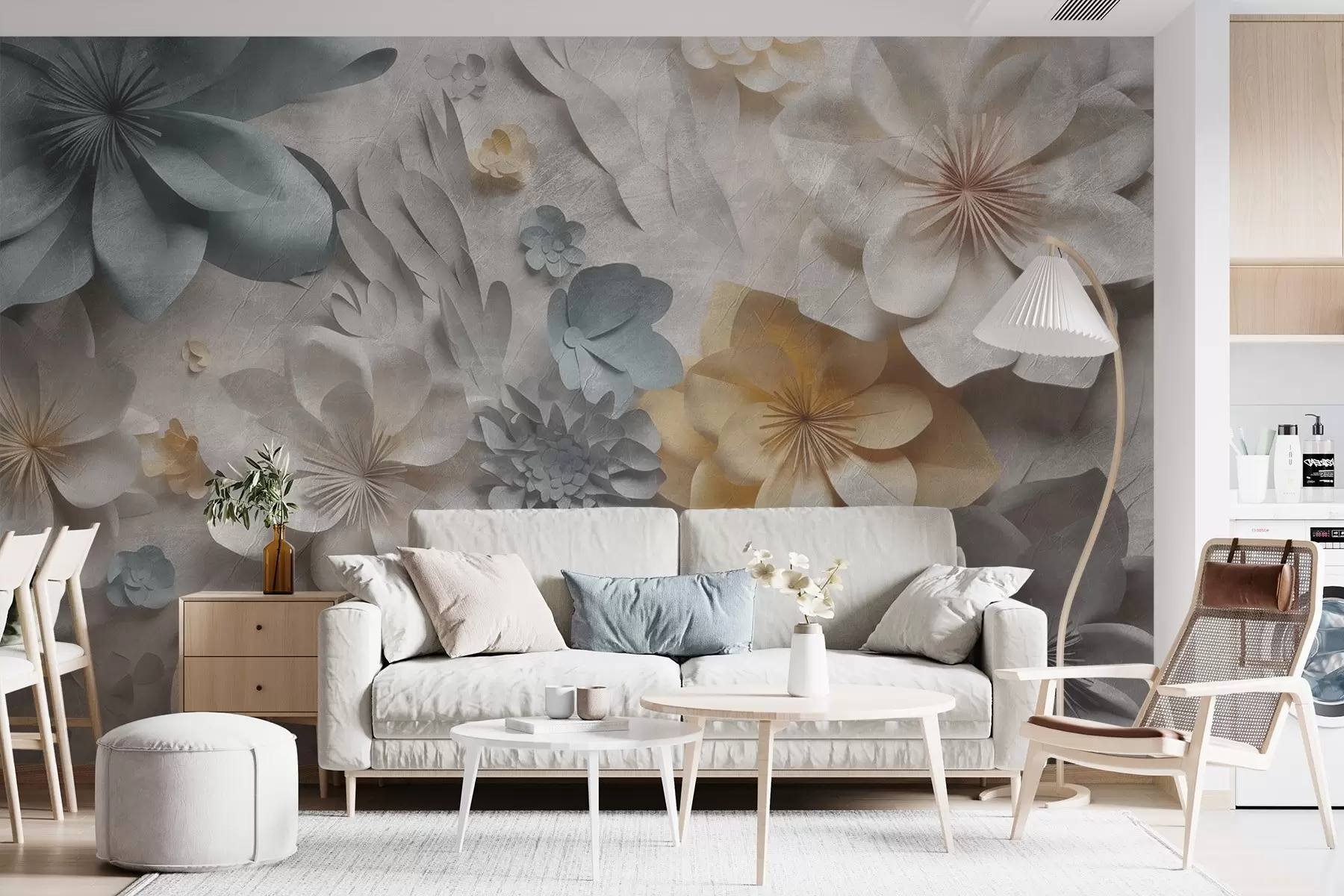 Fotobehang Volumetrische bloemen op een lichtgrijze achtergrond w01892