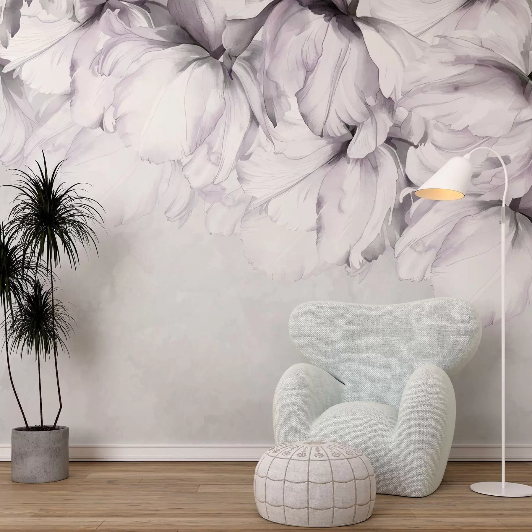 Fotobehang Lichtroze delicate bloemen op een grijze achtergrond w02280