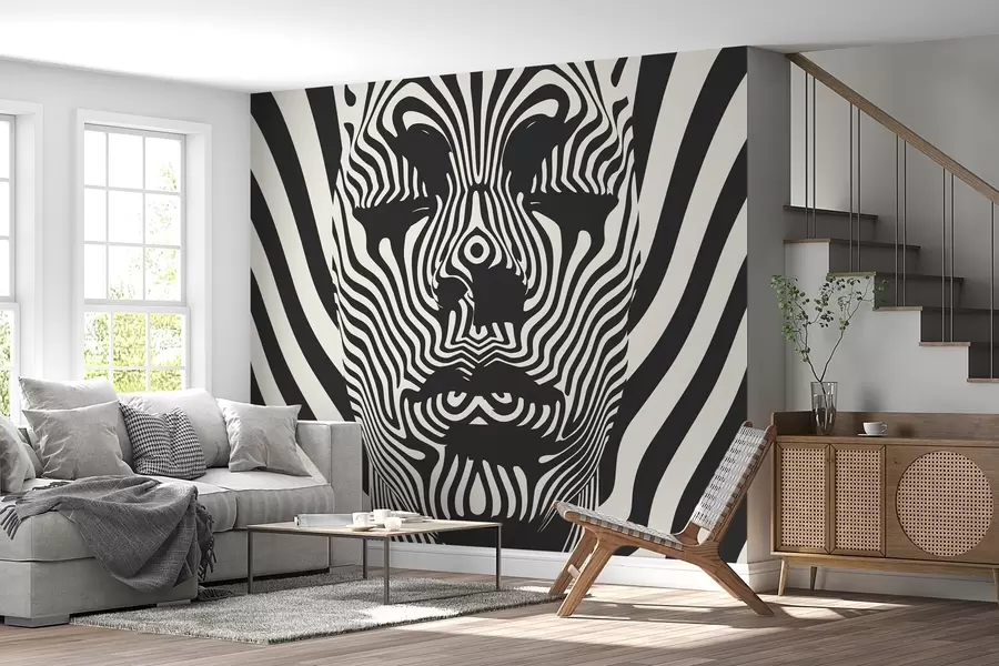 Fotobehang Op art stijl trellis met abstract gezicht, golvende lijnen op lichtgekleurde achtergrond w02285