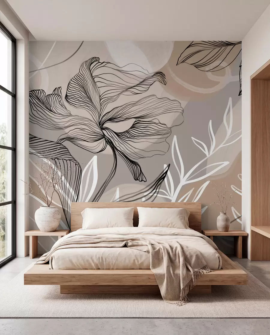 Fotobehang Elegante bloemenprint met grote abstracte lijnbloemen en bladeren in grijstinten en beige op een lichte achtergrond w08413