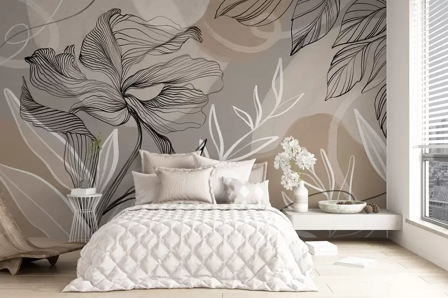 Fotobehang Elegante bloemenprint met grote abstracte lijnbloemen en bladeren in grijstinten en beige op een lichte achtergrond w08413