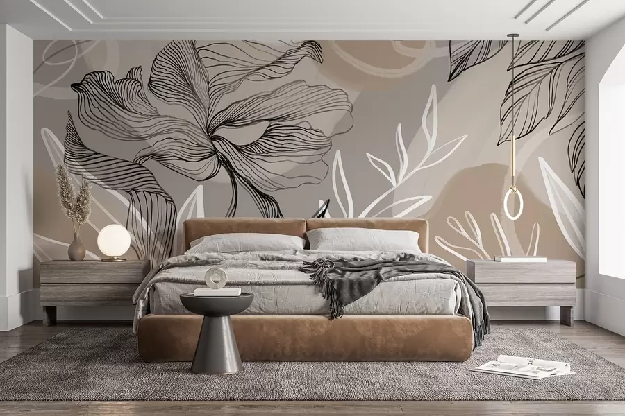 Fotobehang Elegante bloemenprint met grote abstracte lijnbloemen en bladeren in grijstinten en beige op een lichte achtergrond w08413