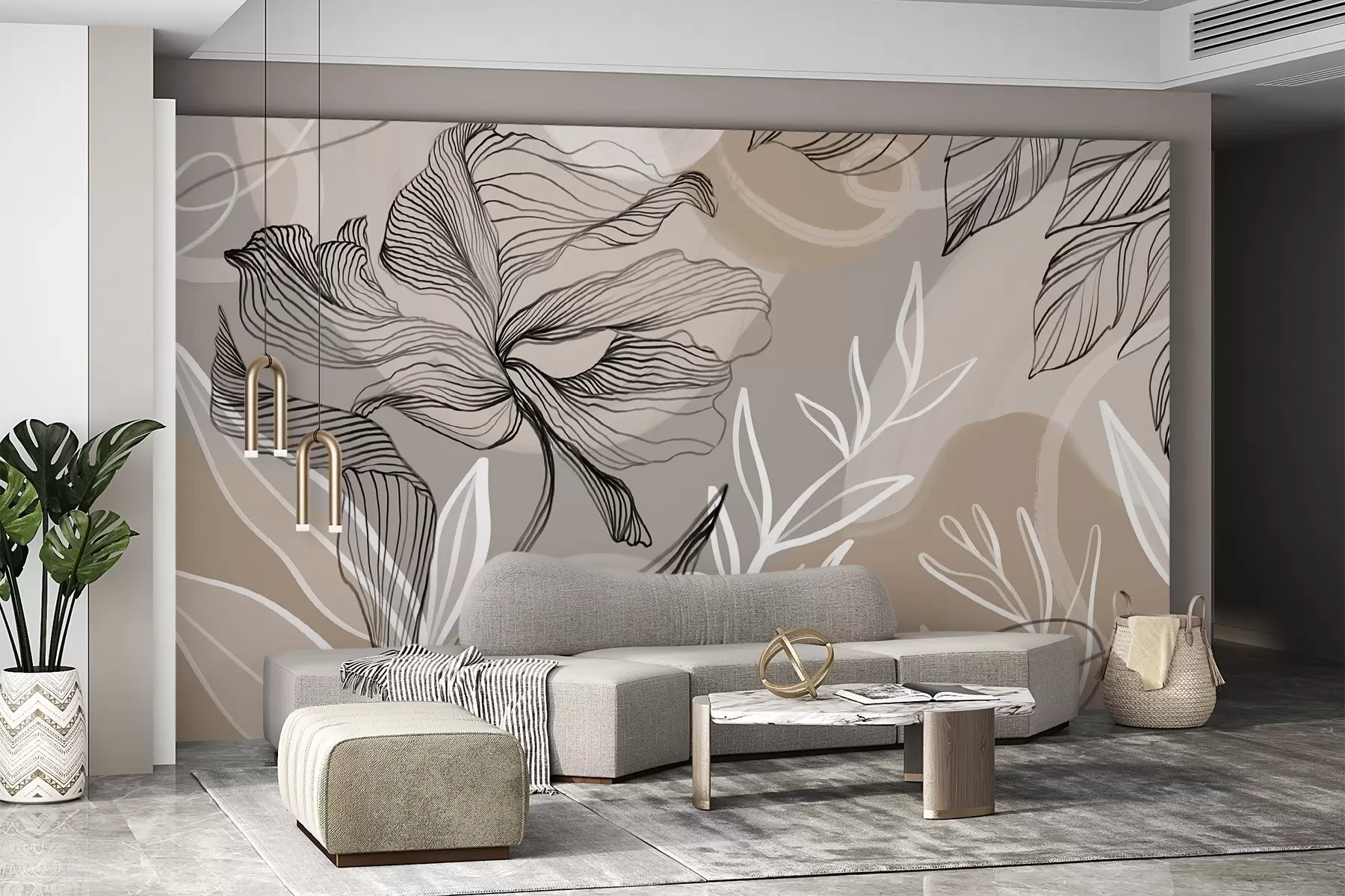 Fotobehang Elegante bloemenprint met grote abstracte lijnbloemen en bladeren in grijstinten en beige op een lichte achtergrond w08413