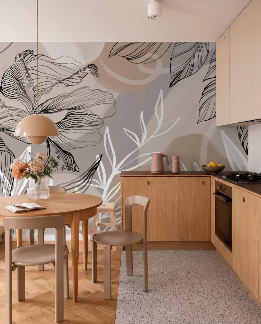 Fotobehang Elegante bloemenprint met grote abstracte lijnbloemen en bladeren in grijstinten en beige op een lichte achtergrond w08413