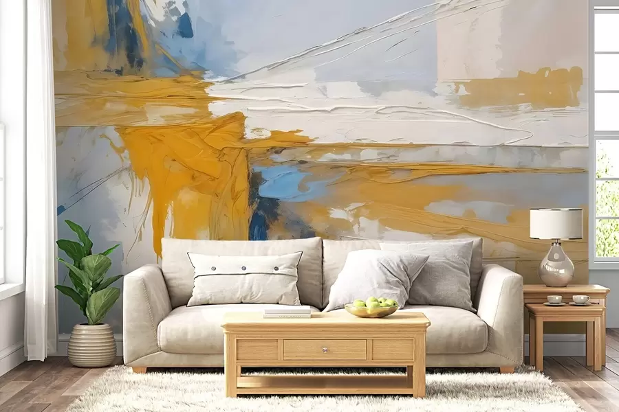 Fotobehang Minimalistische abstracte kunstcompositie met krachtige penseelstreken van gele, blauwe en witte verf  w08414