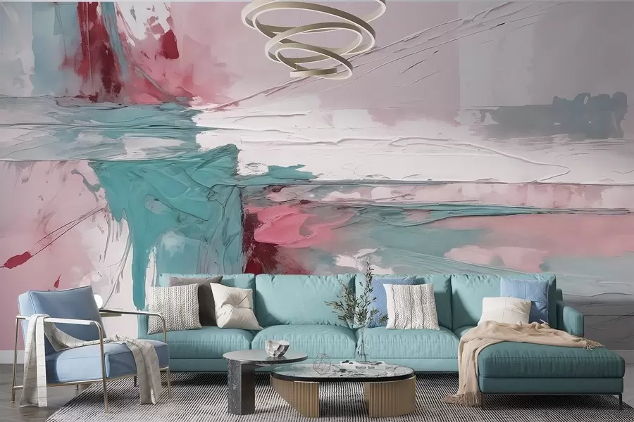 Fotobehang Minimalistische abstracte kunstcompositie met krachtige penseelstreken van roze, blauwe en witte verf  w08414v1