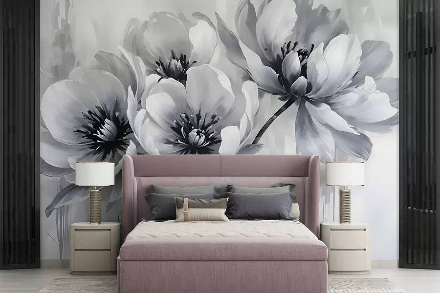 Fotobehang Monochrome tulpenbloemen met zachte, onscherpe bloemblaadjes tegen een lichte achtergrond w08418
