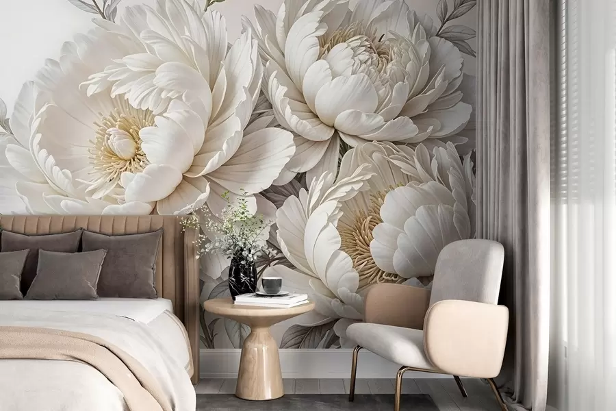 Fotobehang Delicate pastelwitte pioenrozen met weelderig gebladerte tegen een zachte, neutrale achtergrond w08420
