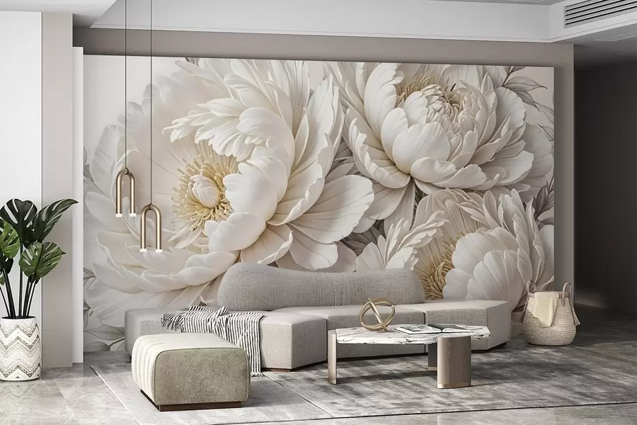 Fotobehang Delicate pastelwitte pioenrozen met weelderig gebladerte tegen een zachte, neutrale achtergrond w08420