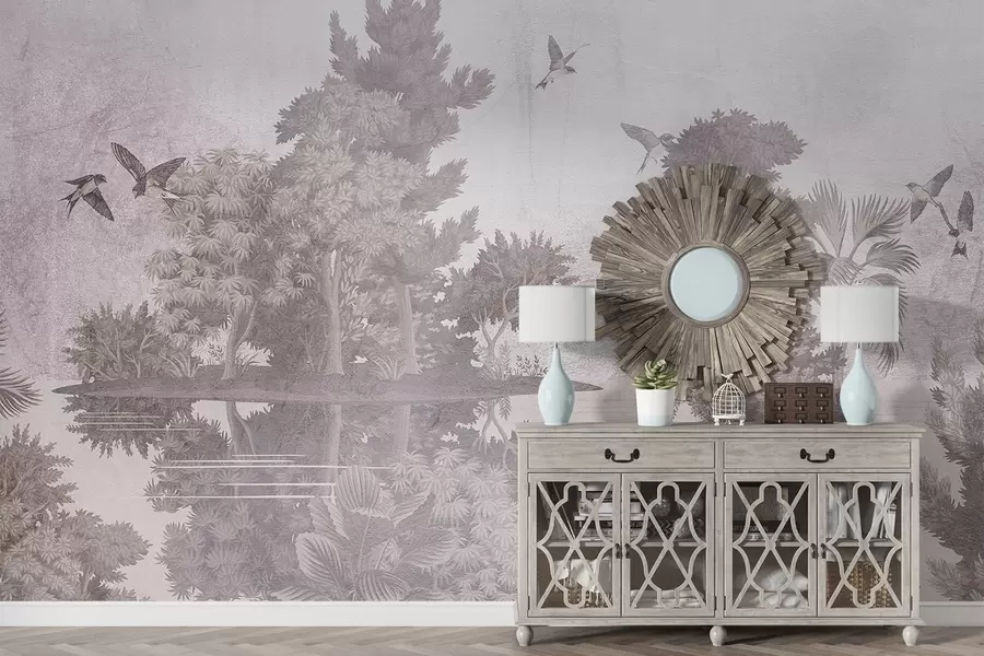 Fotobehang Een print van een boslandschap met een meer omringd door dennenbomen en ander gebladerte op een beige textuurachtergrond w08426