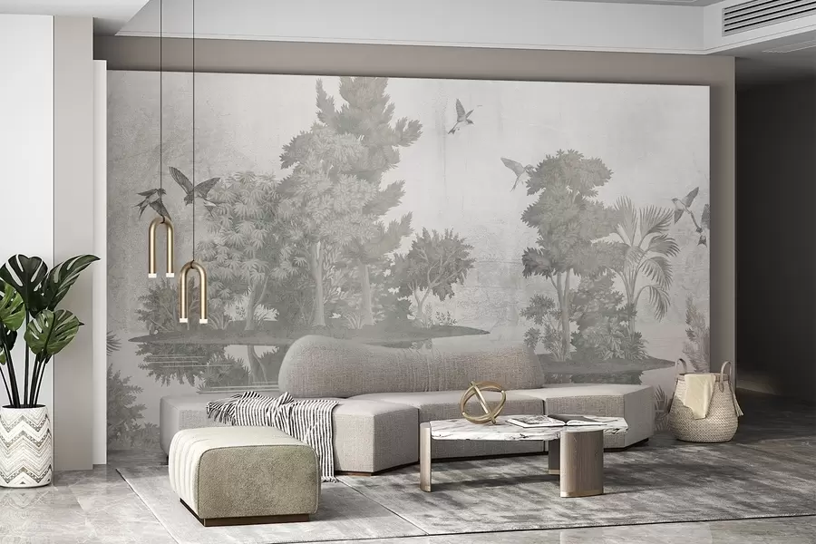 Fotobehang Een print van een boslandschap met een meer omringd door dennenbomen en ander gebladerte op een groene textuurachtergrond w08426v1