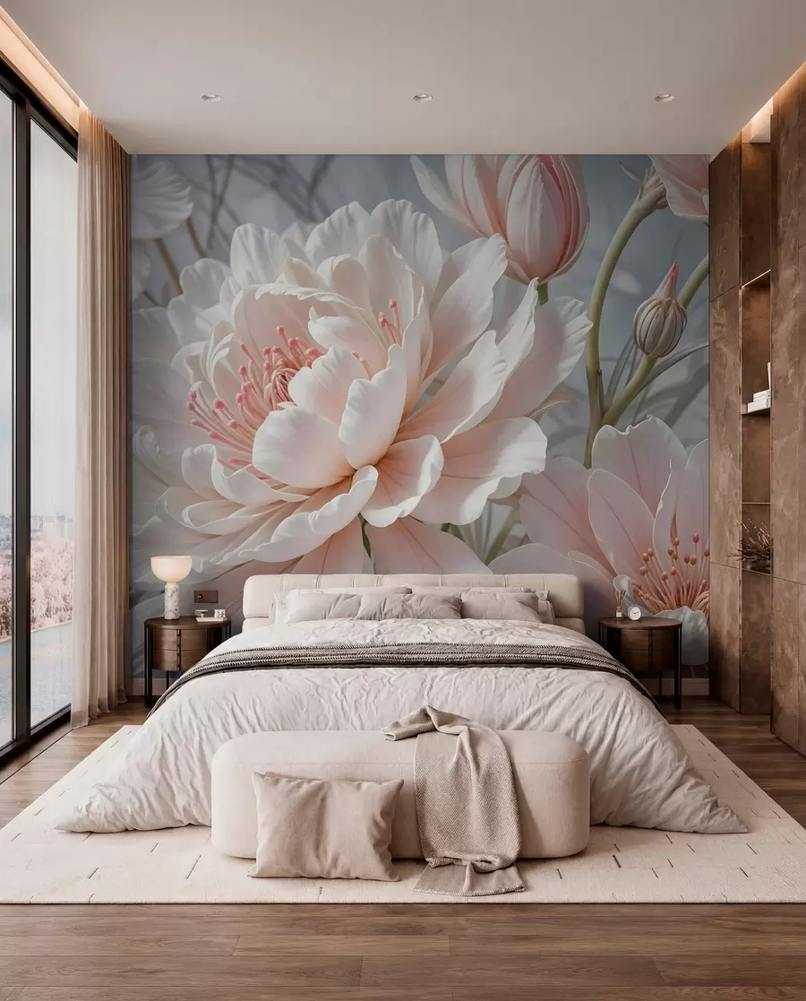 Fotobehang Grote, delicate witte en roze pioenbloemen met zachte, pluizige bloemblaadjes tegen een onscherpe grijze achtergrond w08427