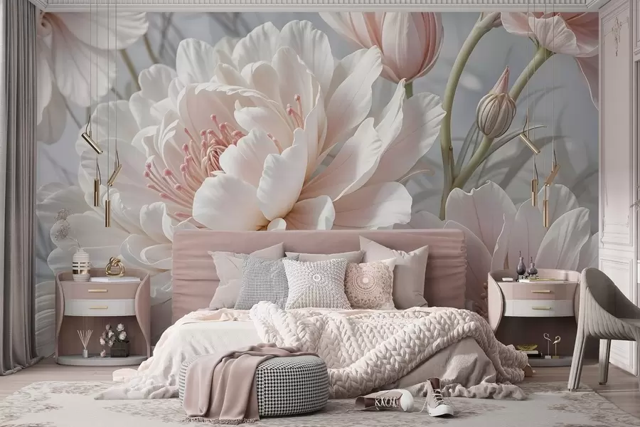 Fotobehang Grote, delicate witte en roze pioenbloemen met zachte, pluizige bloemblaadjes tegen een onscherpe grijze achtergrond w08427