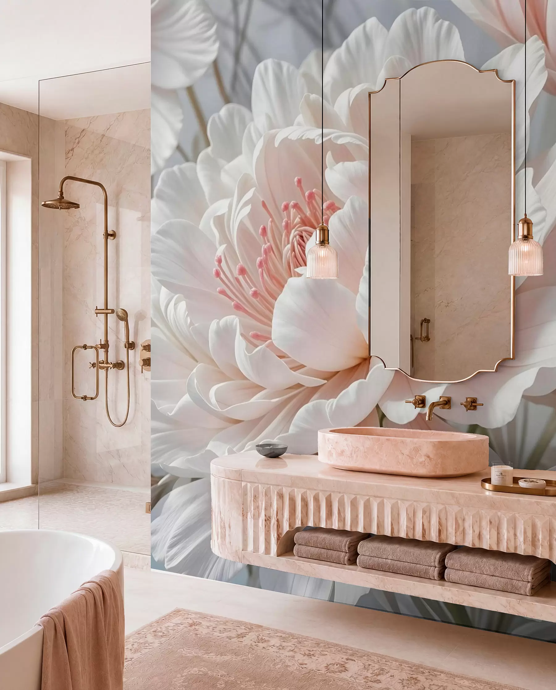Fotobehang Grote, delicate witte en roze pioenbloemen met zachte, pluizige bloemblaadjes tegen een onscherpe grijze achtergrond w08427