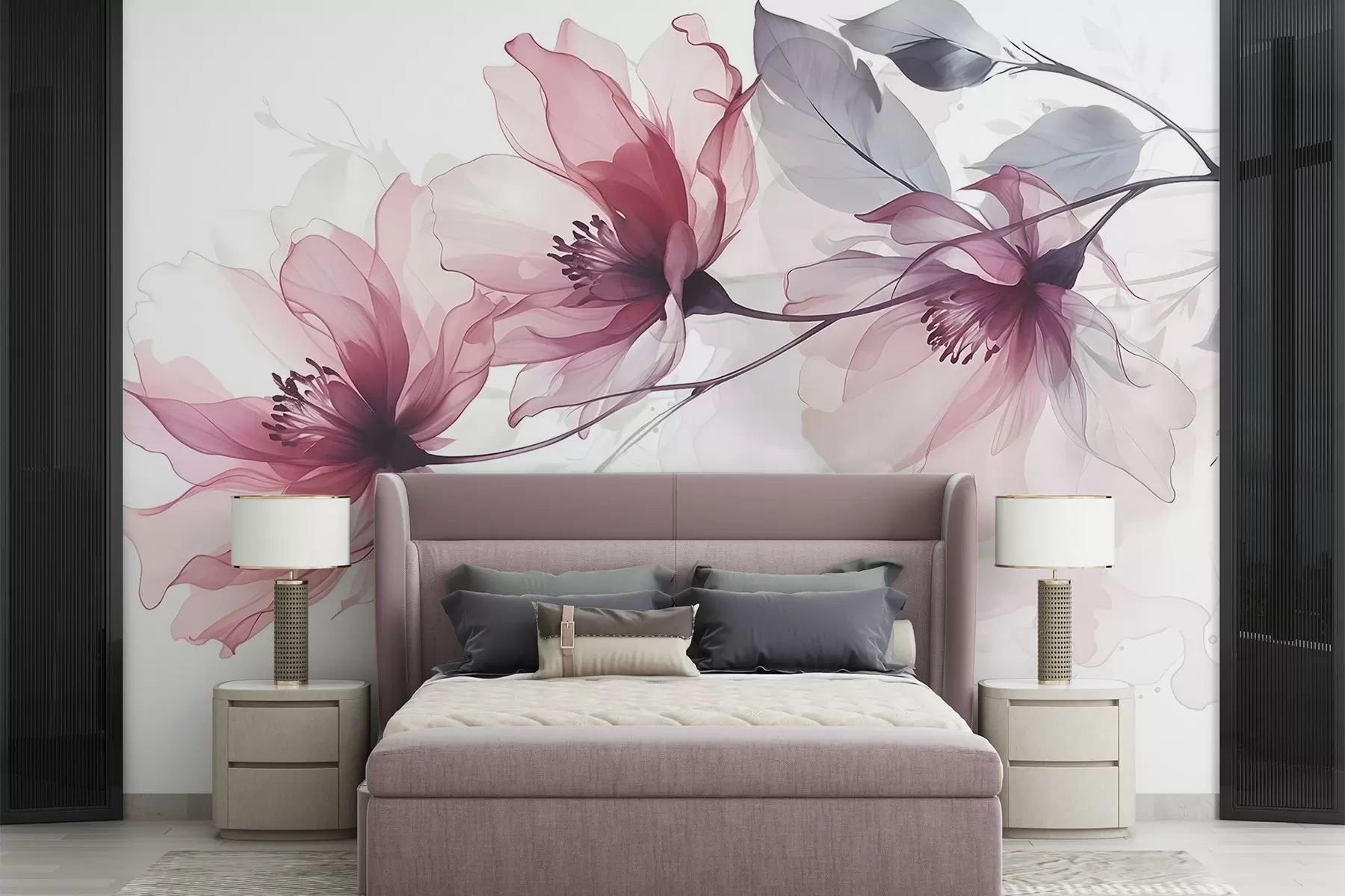 Fotobehang Delicate transparante roze en grijze bloemen met zachte, onscherpe bloemblaadjes op witte achtergrond w08429