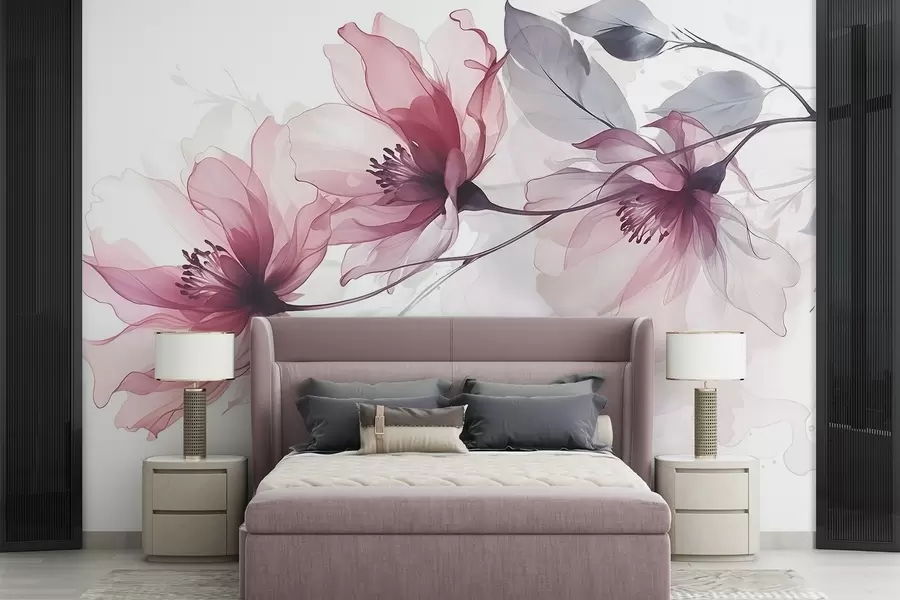Fotobehang Delicate transparante roze en grijze bloemen met zachte, onscherpe bloemblaadjes op witte achtergrond w08429