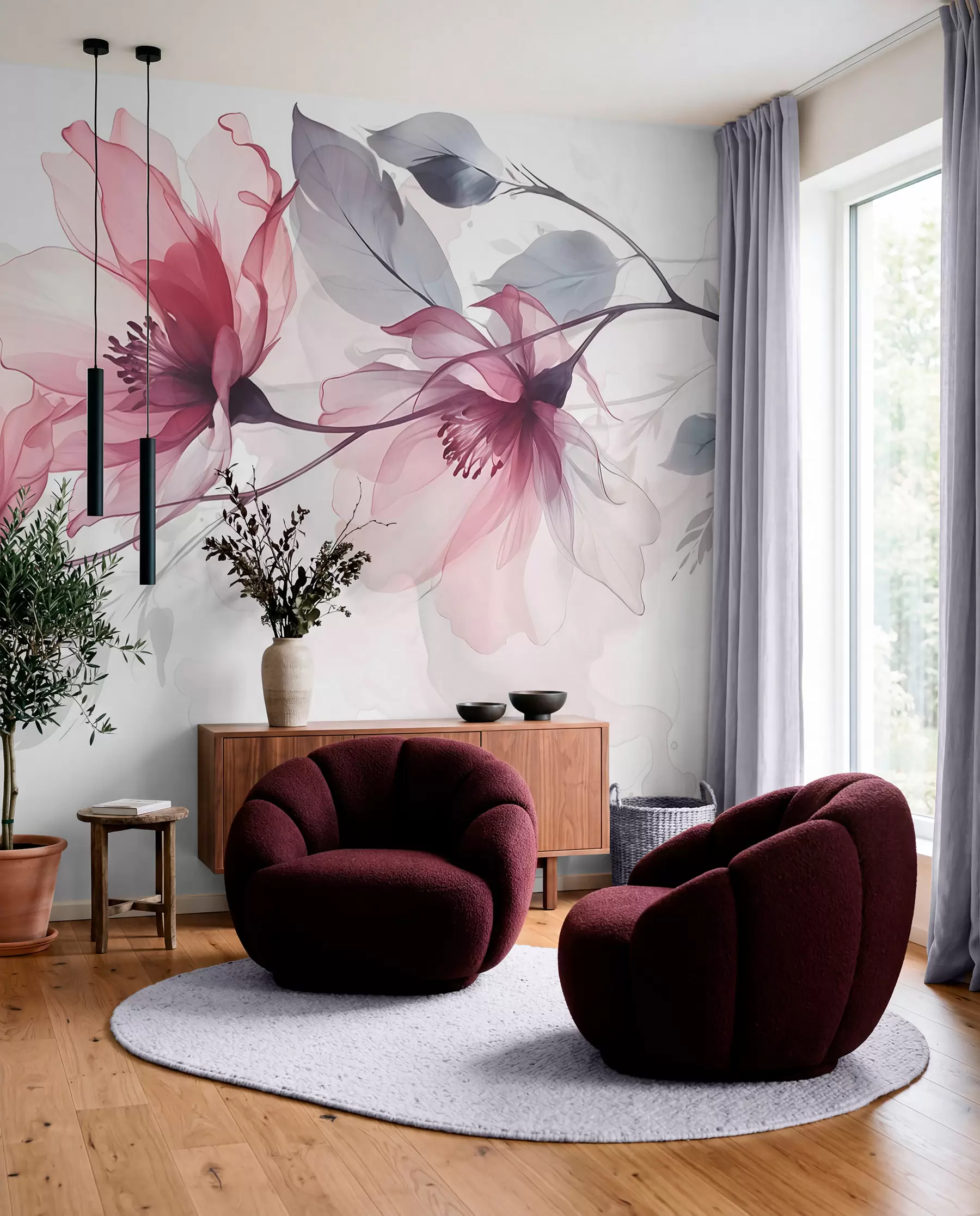 Fotobehang Bloemen in een roze sluier w08429