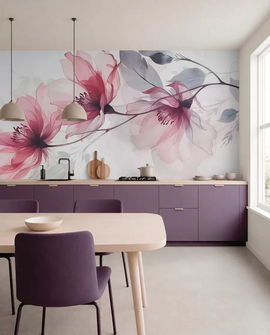 Fotobehang Delicate transparante roze en grijze bloemen met zachte, onscherpe bloemblaadjes op witte achtergrond w08429