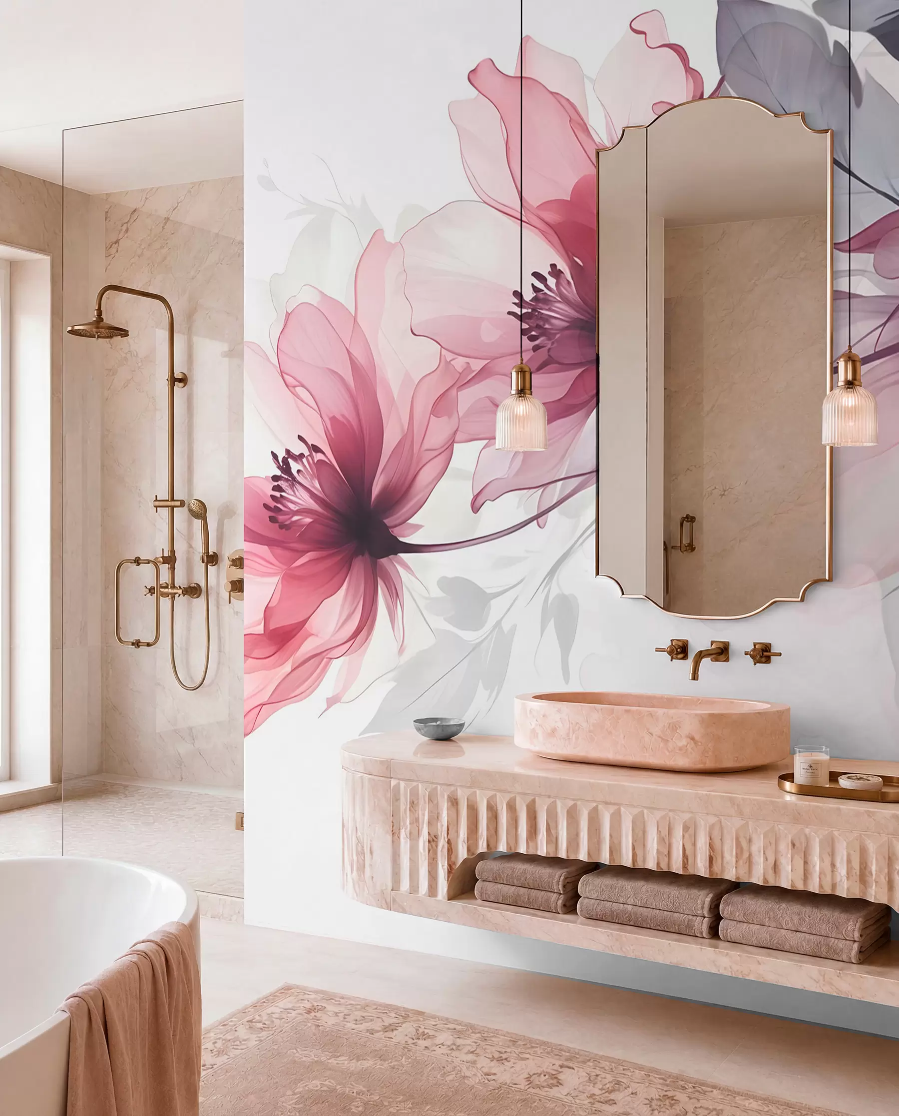 Fotobehang Delicate transparante roze en grijze bloemen met zachte, onscherpe bloemblaadjes op witte achtergrond w08429