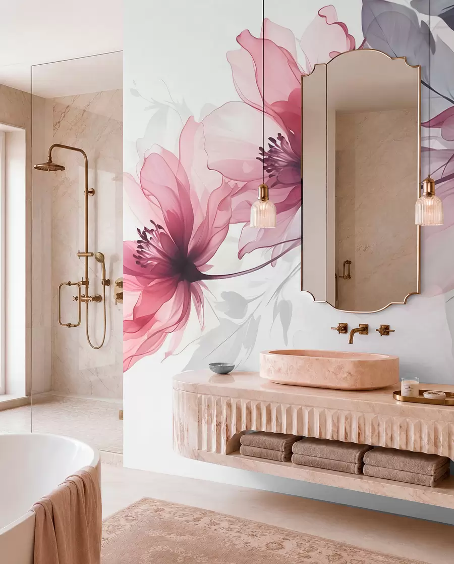 Fotobehang Delicate transparante roze en grijze bloemen met zachte, onscherpe bloemblaadjes op witte achtergrond w08429