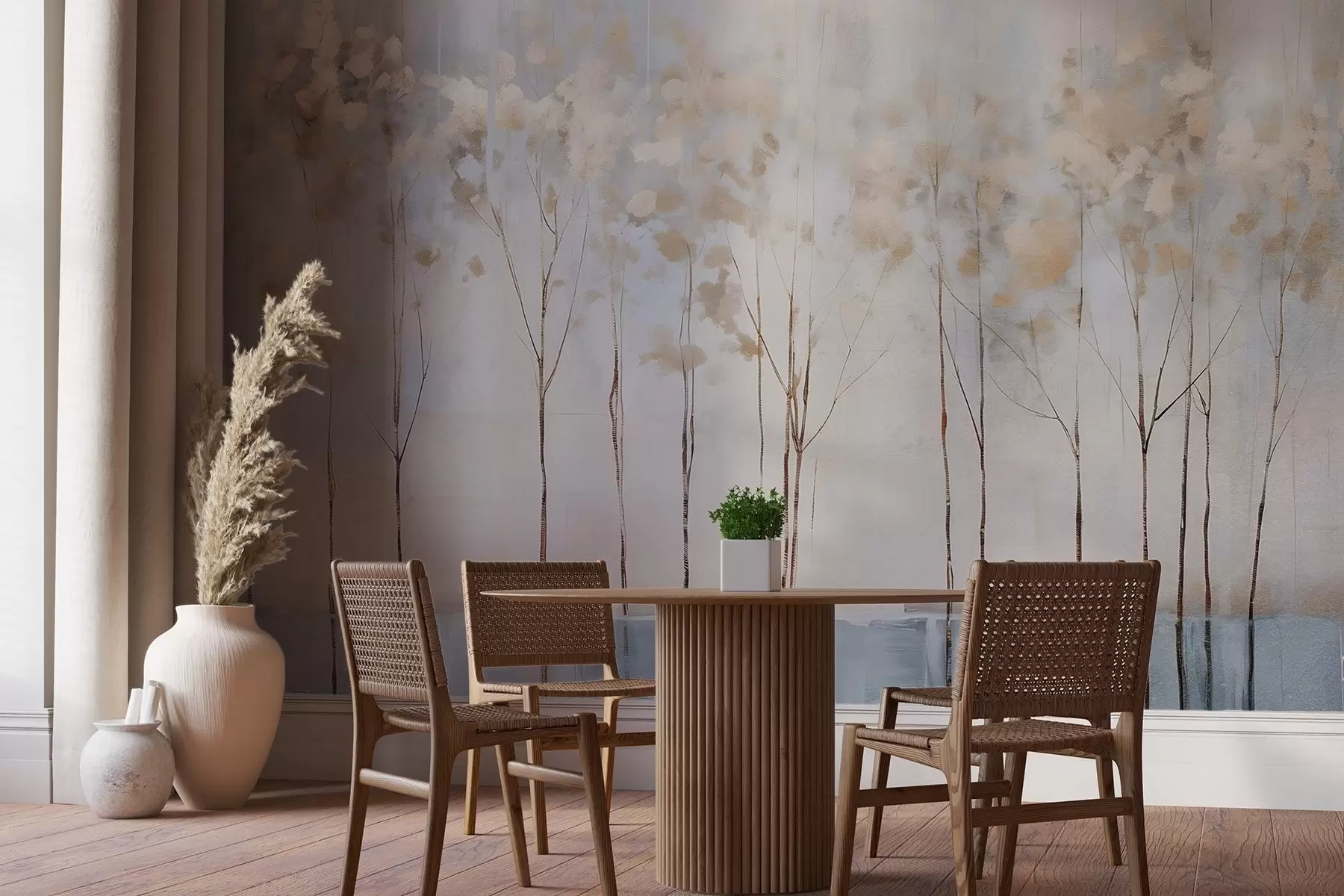 Fotobehang Kale bomen in abstract pastel vervaagd winter minimalistisch landschap met een zachte, wazige achtergrond w08430