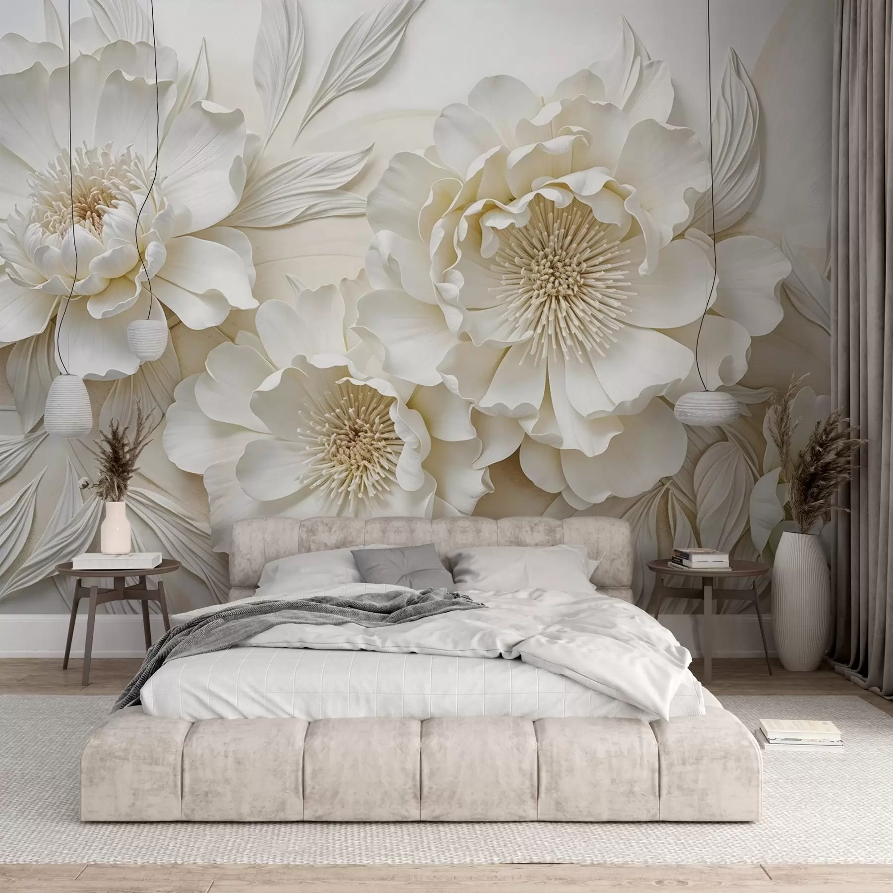 Fotobehang Elegante volumineuze imitatie witte pioenbloemen met zachte bloemblaadjes en pastelgele hartjes, tegen een lichte achtergrond w08431
