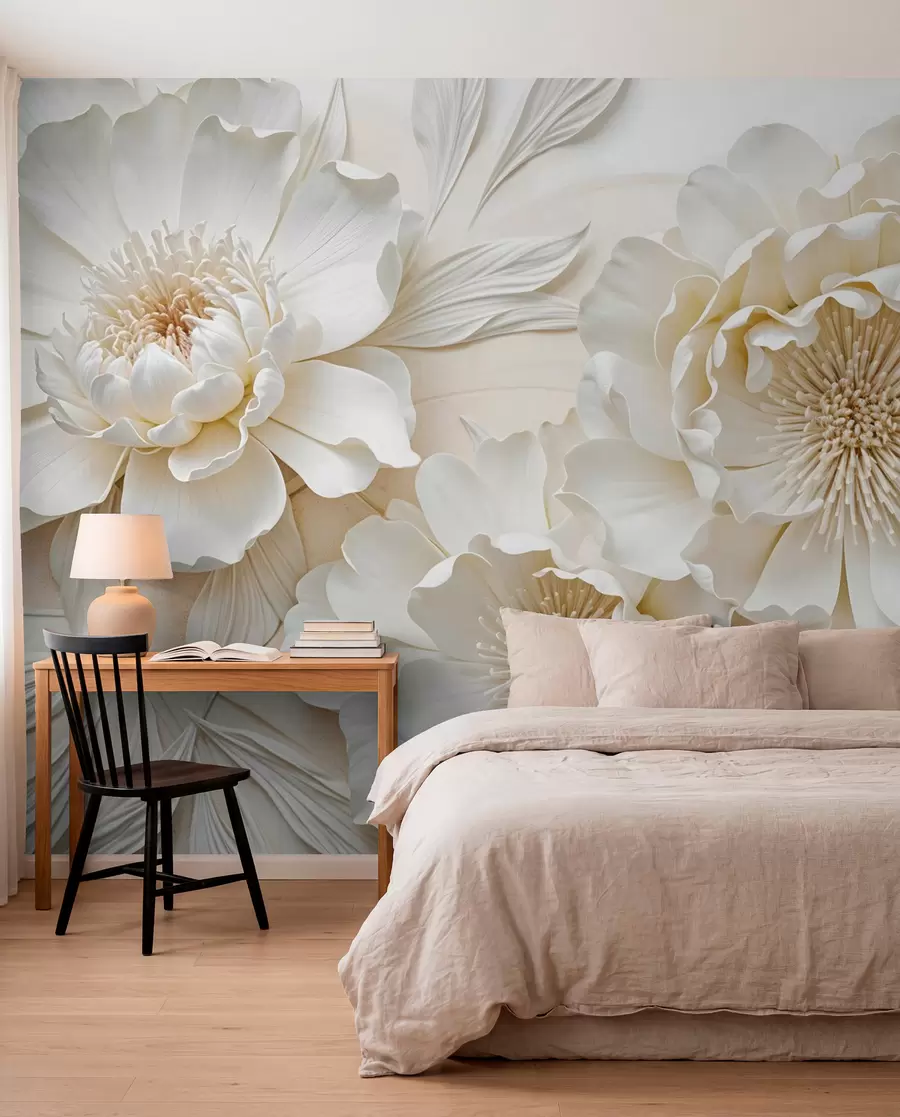 Fotobehang Elegante volumineuze imitatie witte pioenbloemen met zachte bloemblaadjes en pastelgele hartjes, tegen een lichte achtergrond w08431