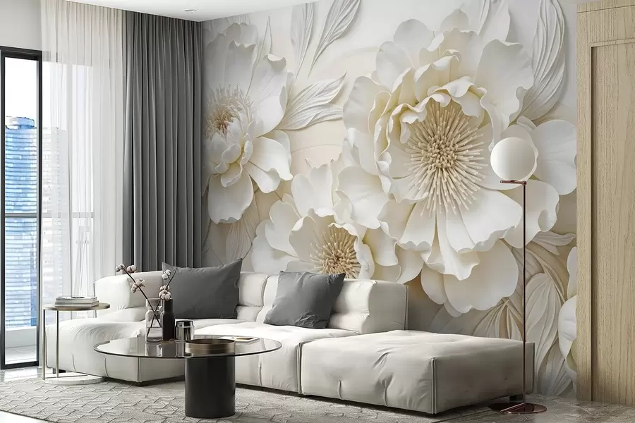 Fotobehang Elegante volumineuze imitatie witte pioenbloemen met zachte bloemblaadjes en pastelgele hartjes, tegen een lichte achtergrond w08431