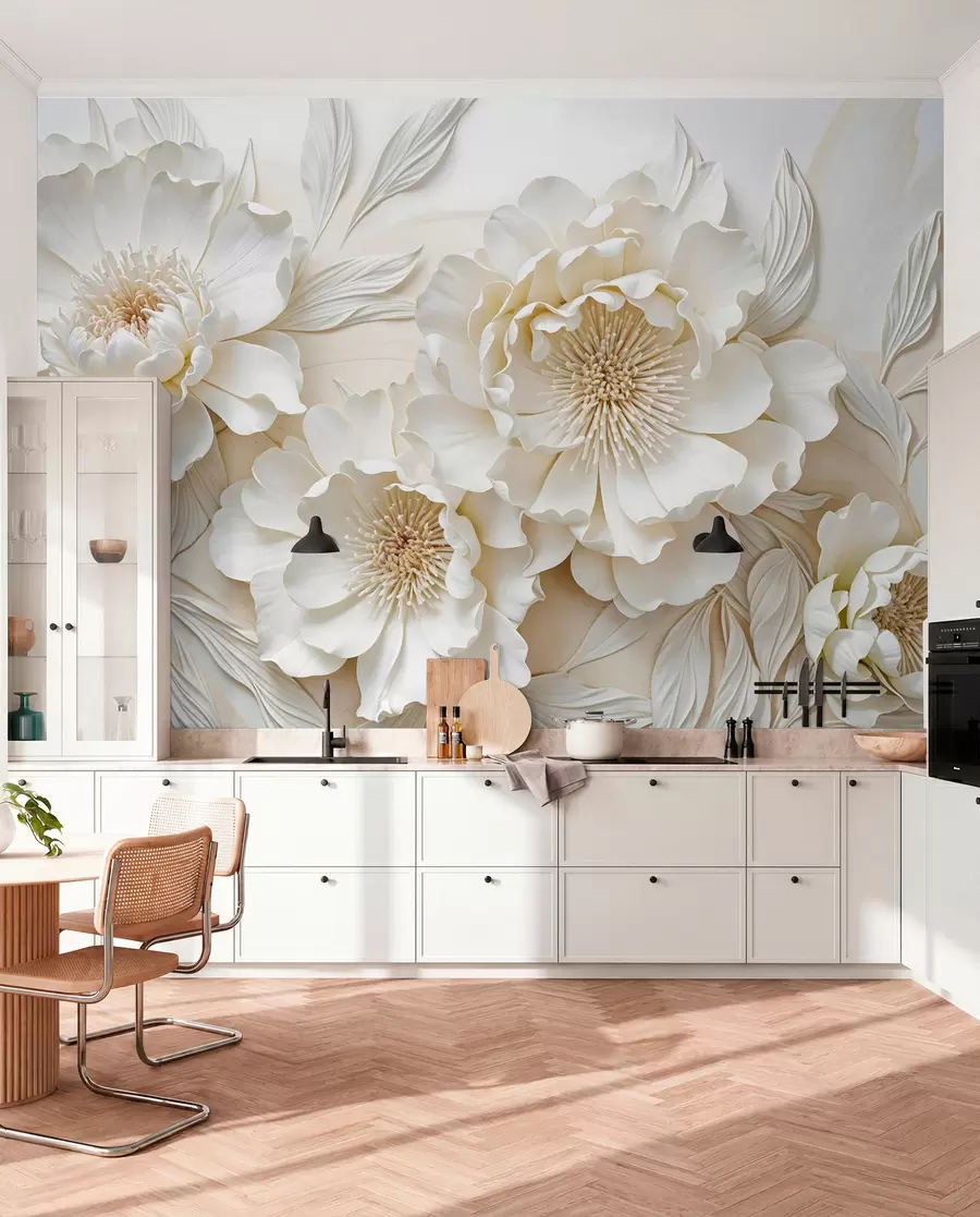 Fotobehang Elegante volumineuze imitatie witte pioenbloemen met zachte bloemblaadjes en pastelgele hartjes, tegen een lichte achtergrond w08431