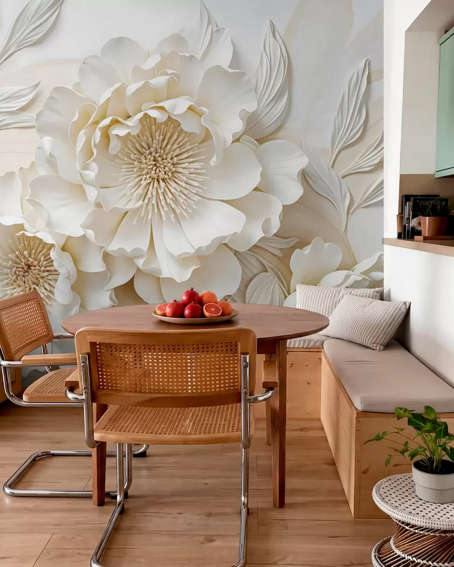 Fotobehang Elegante volumineuze imitatie witte pioenbloemen met zachte bloemblaadjes en pastelgele hartjes, tegen een lichte achtergrond w08431