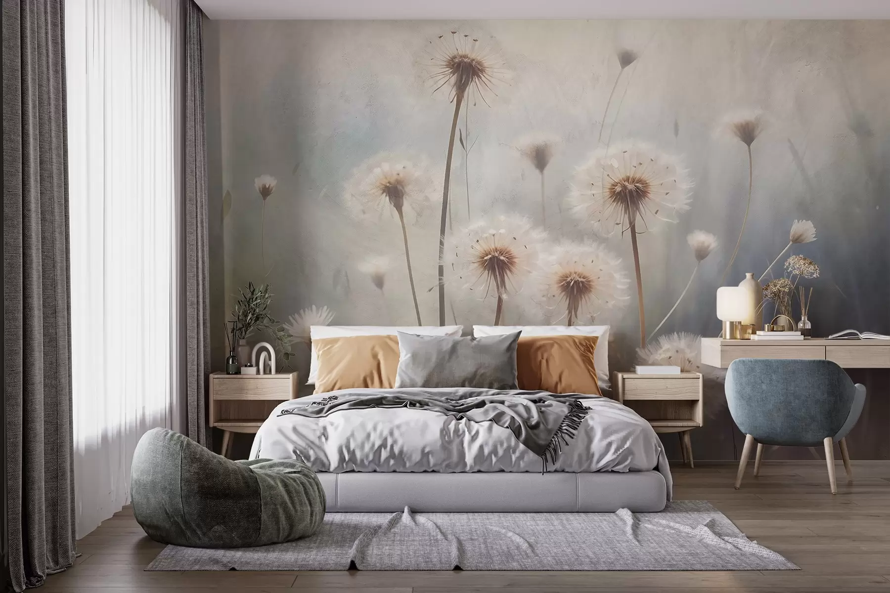 Fotobehang Zachte focus paardebloemen in een veld, met een wazige pastelkleurige getextureerde achtergrond w08432