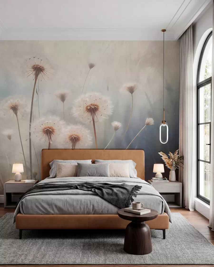 Fotobehang Zachte focus paardebloemen in een veld, met een wazige pastelkleurige getextureerde achtergrond w08432