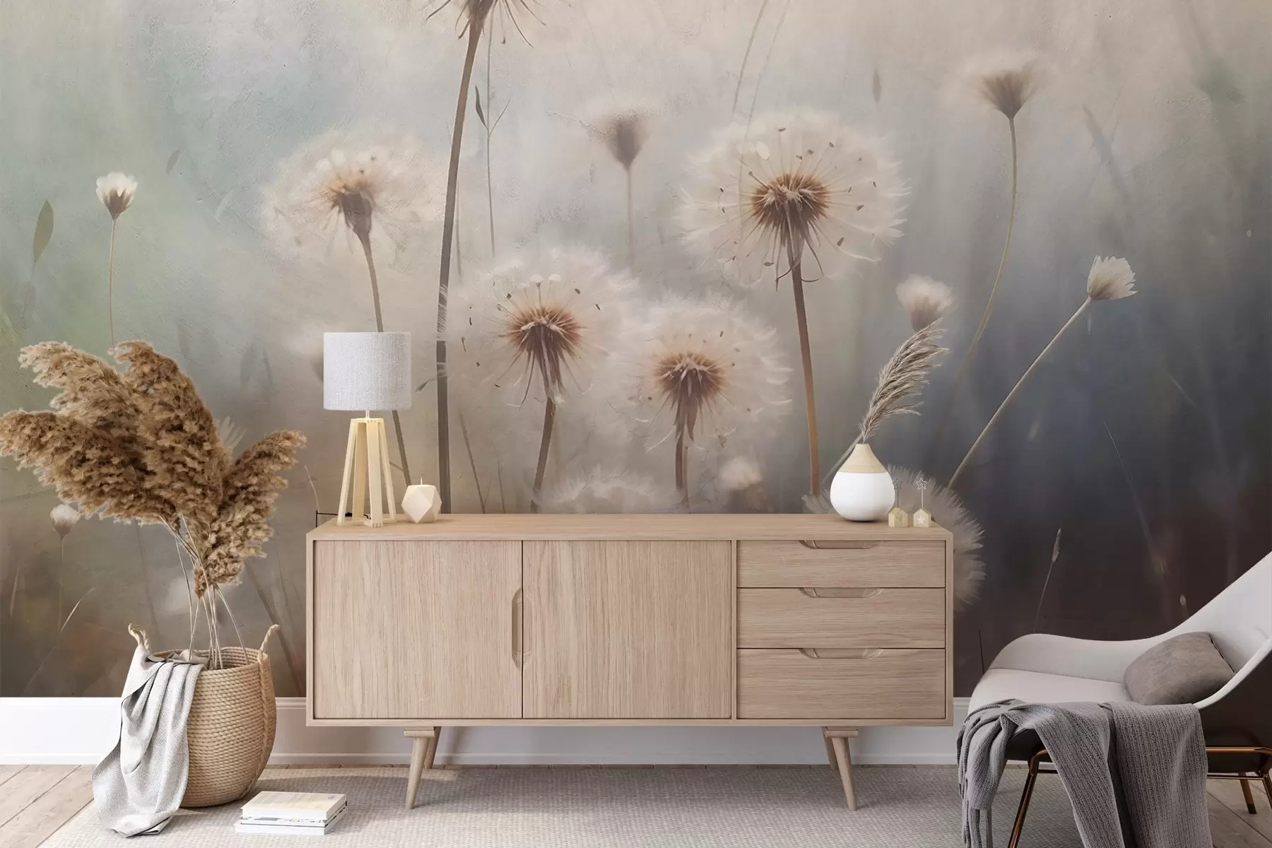 Fotobehang Zachte focus paardebloemen in een veld, met een wazige pastelkleurige getextureerde achtergrond w08432
