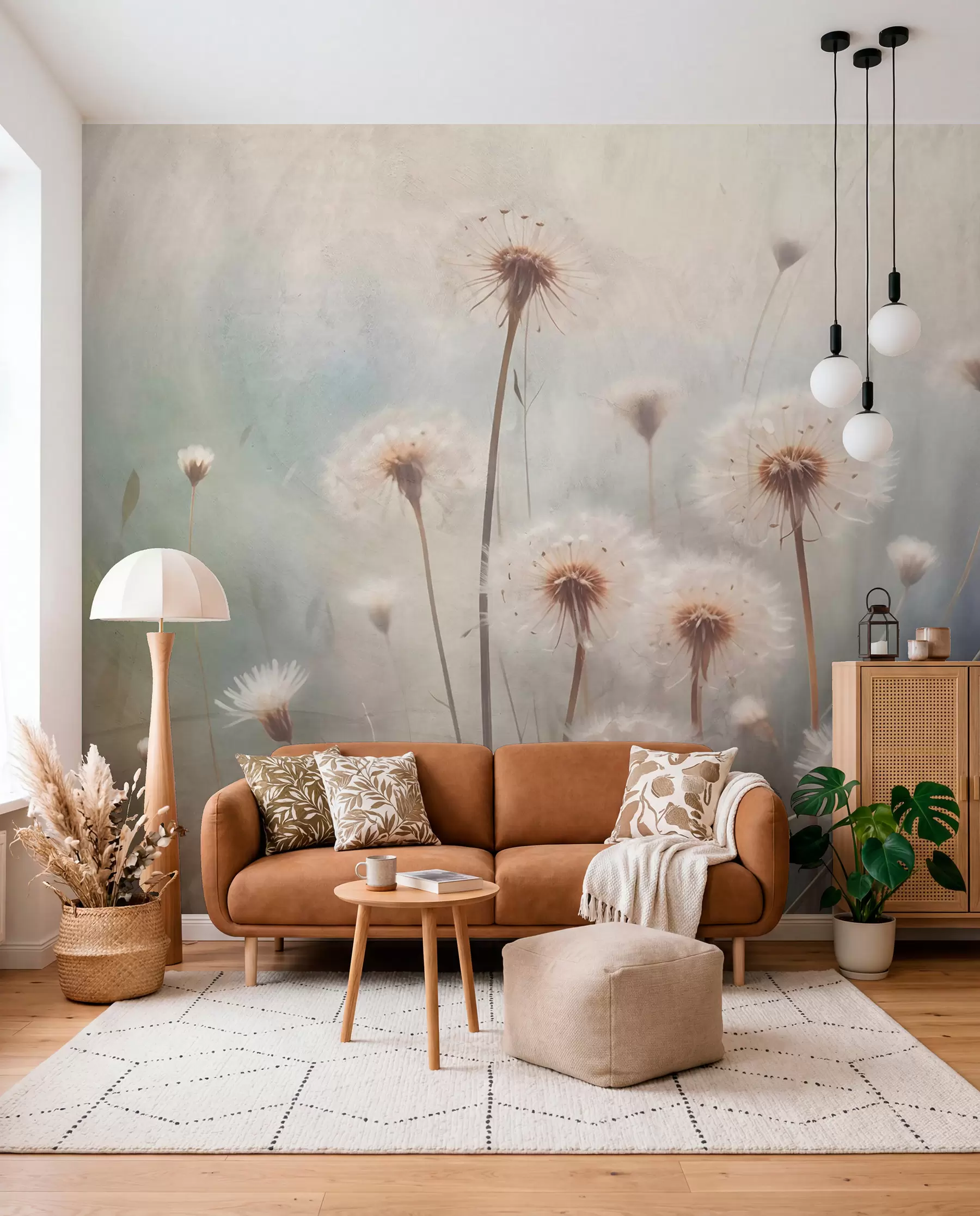 Fotobehang Dageraad tussen paardenbloemen w08432