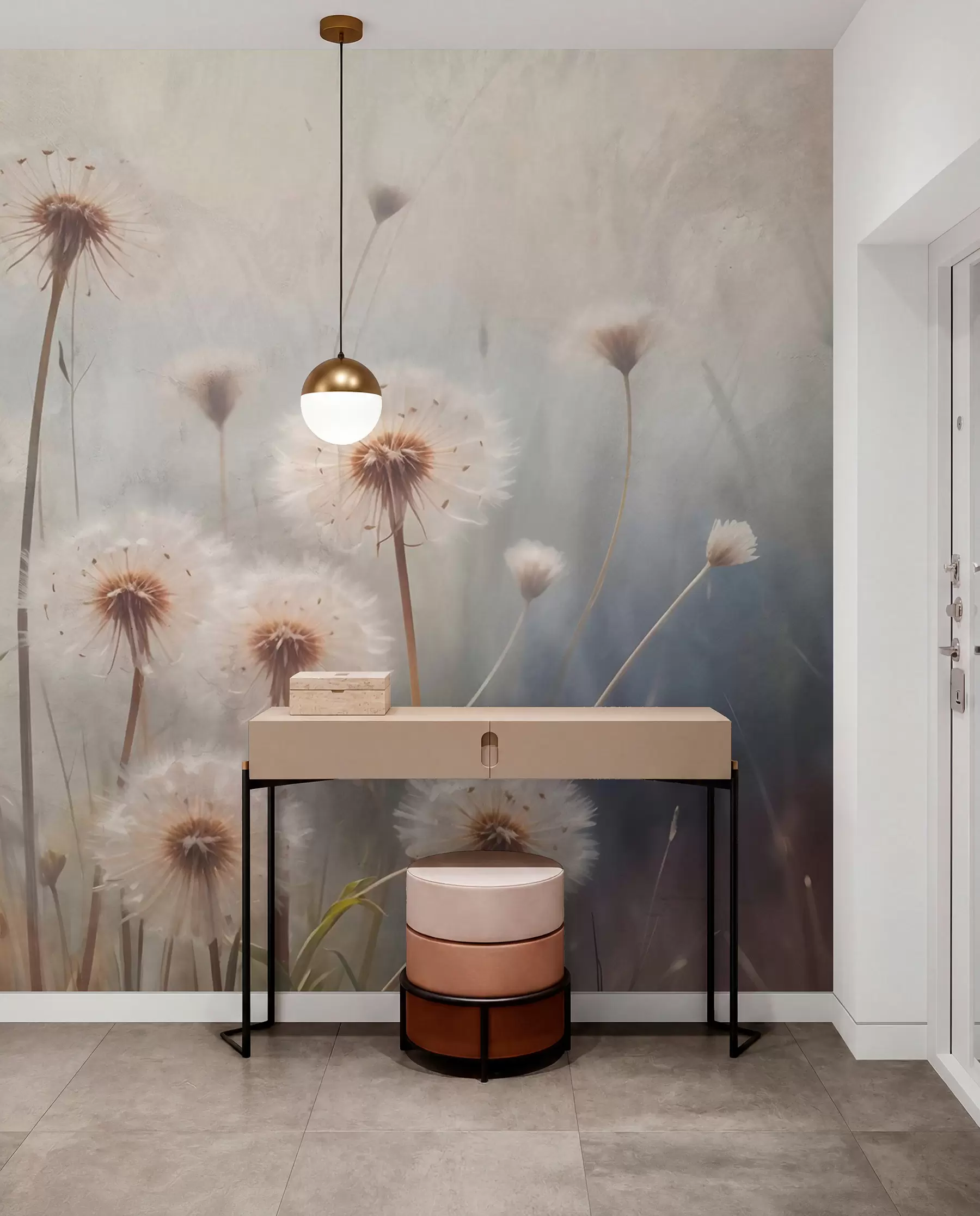 Fotobehang Zachte focus paardebloemen in een veld, met een wazige pastelkleurige getextureerde achtergrond w08432