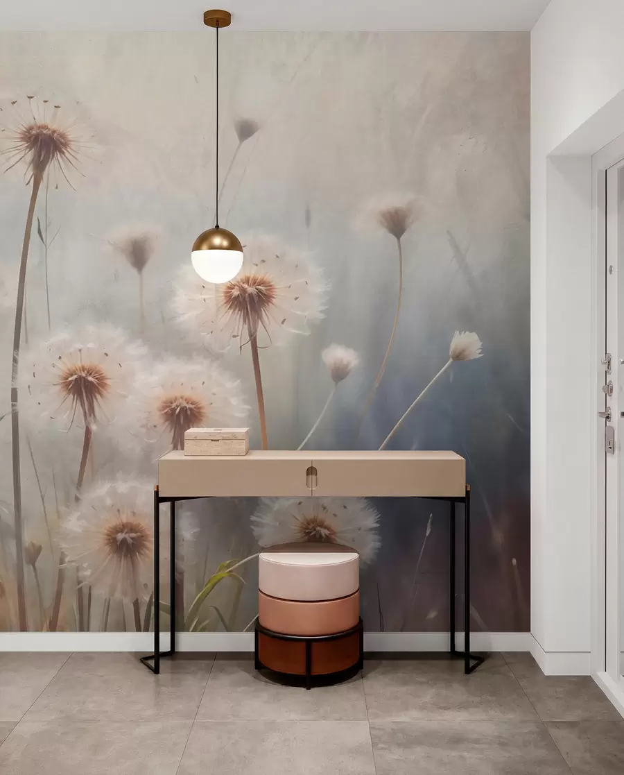 Fotobehang Zachte focus paardebloemen in een veld, met een wazige pastelkleurige getextureerde achtergrond w08432