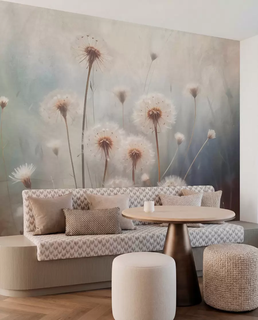 Fotobehang Zachte focus paardebloemen in een veld, met een wazige pastelkleurige getextureerde achtergrond w08432