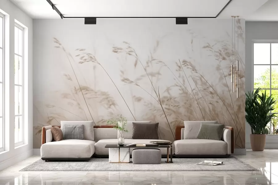 Fotobehang Veldgrassen bij een mistige dageraad w02250