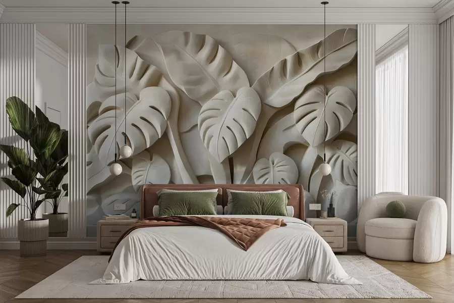 Fotobehang Bas-reliëf van grote monstera bladeren w02312