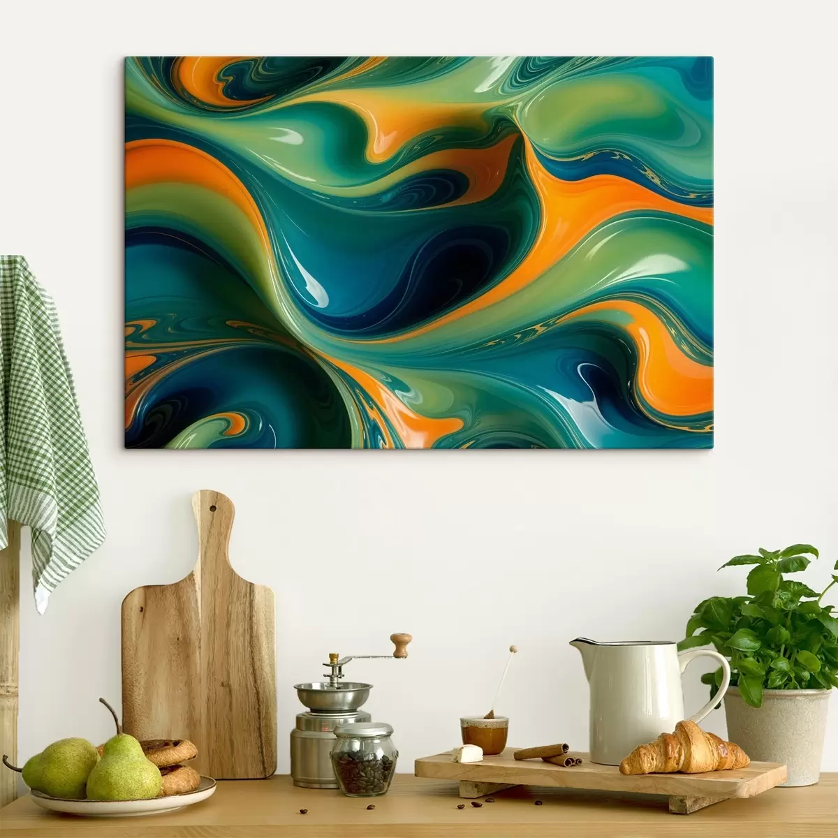  Schilderijen Wervelende abstracte patronen in groene, blauwe en oranje tinten met vloeiende, organische vormen en texturen s41737